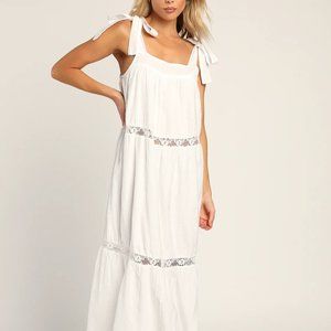 Lulu's Angelic Essence White Lace Jacquard Tie-Strap Tiered Midi Dress - Large